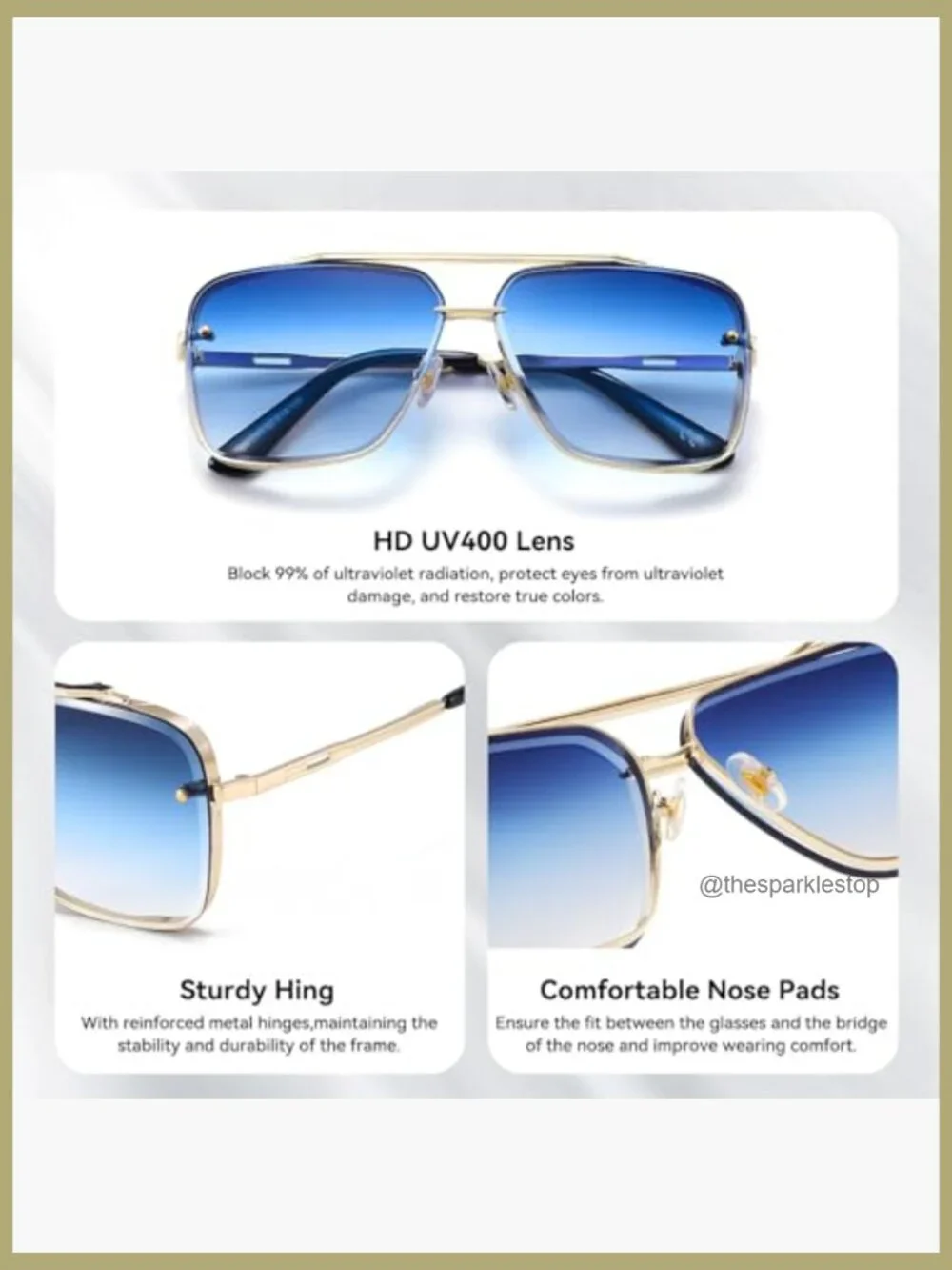 Metal Frame Square Aviator Sunglasses UV400 Protection Gradient Lens